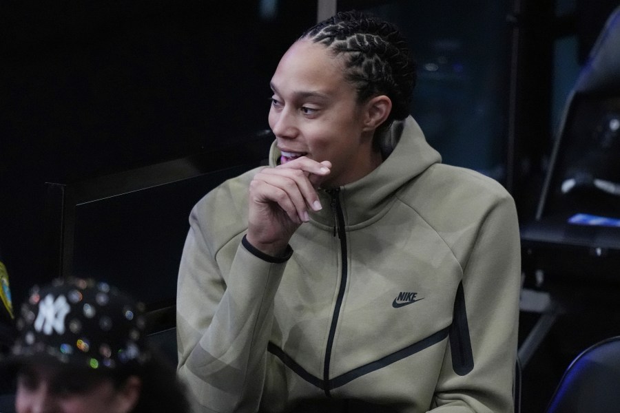 WNBA player Brittney Griner watches the second half of the inaugura Unrivaled 3-on-3 basketball game between the Lunar Owls and the Mist, Friday, Jan. 17, 2025, in Medley, Fla. (AP Photo/Brittany Peterson)