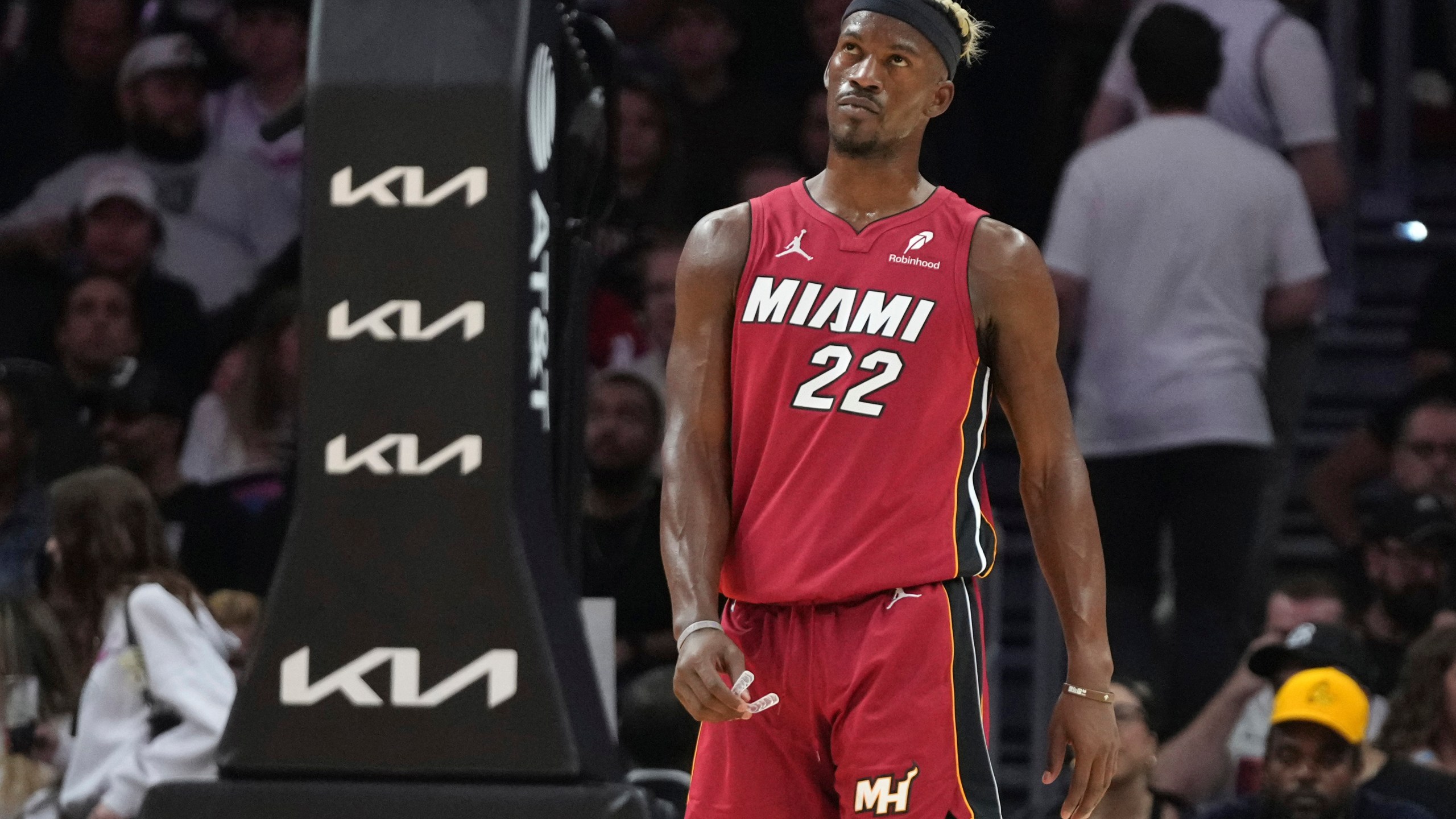FILE - Miami Heat forward Jimmy Butler (22) stands on the court during the second half of an NBA basketball game against the Portland Trail Blazers, Tuesday, Jan. 21, 2025, in Miami. (AP Photo/Lynne Sladky, File)