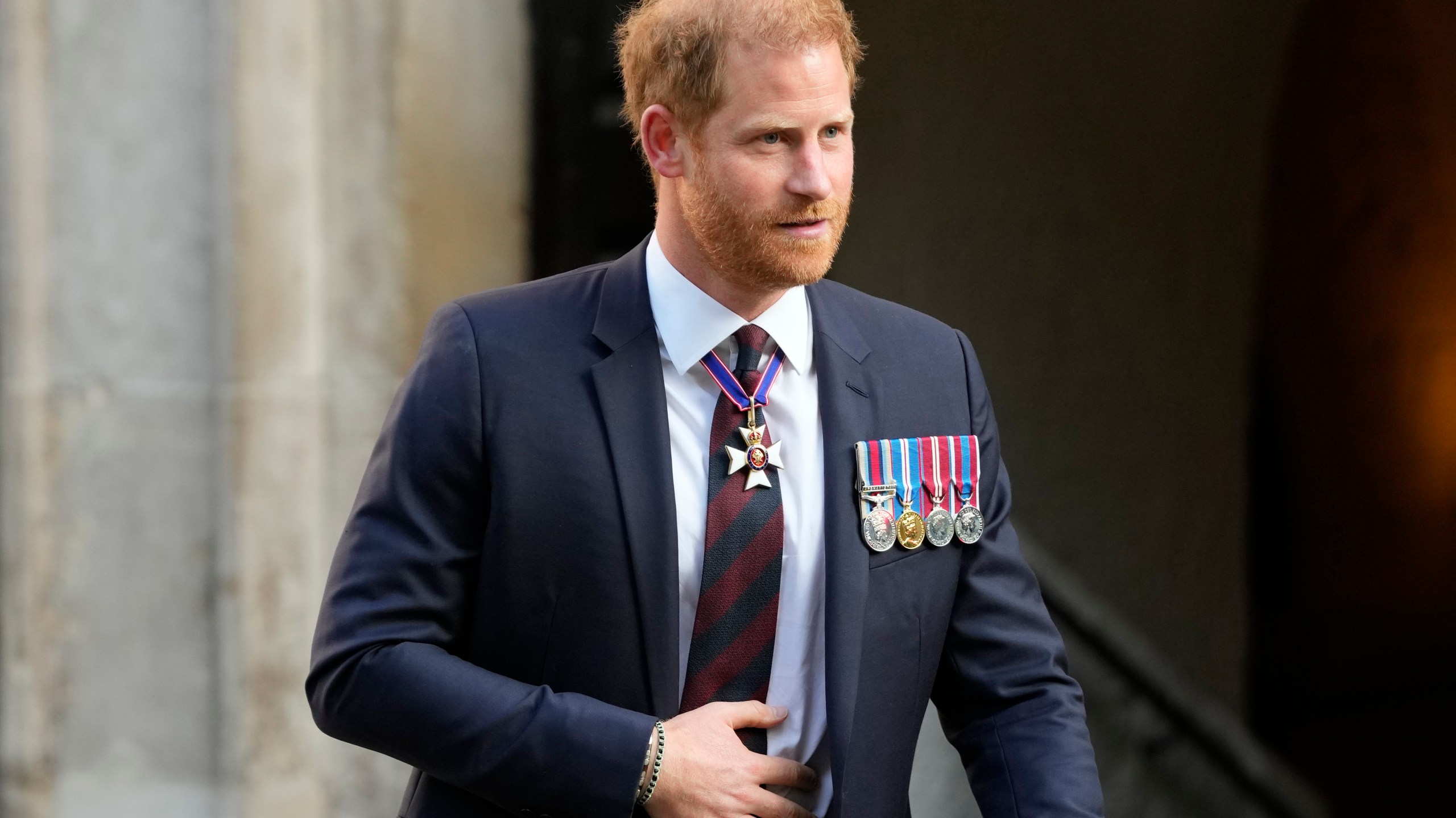 FILE -Britain's Prince Harry leaves after attending an Invictus Games Foundation 10th Anniversary Service of Thanksgiving at St Paul's Cathedral in London, May 8, 2024. (AP Photo/Kirsty Wigglesworth), File)