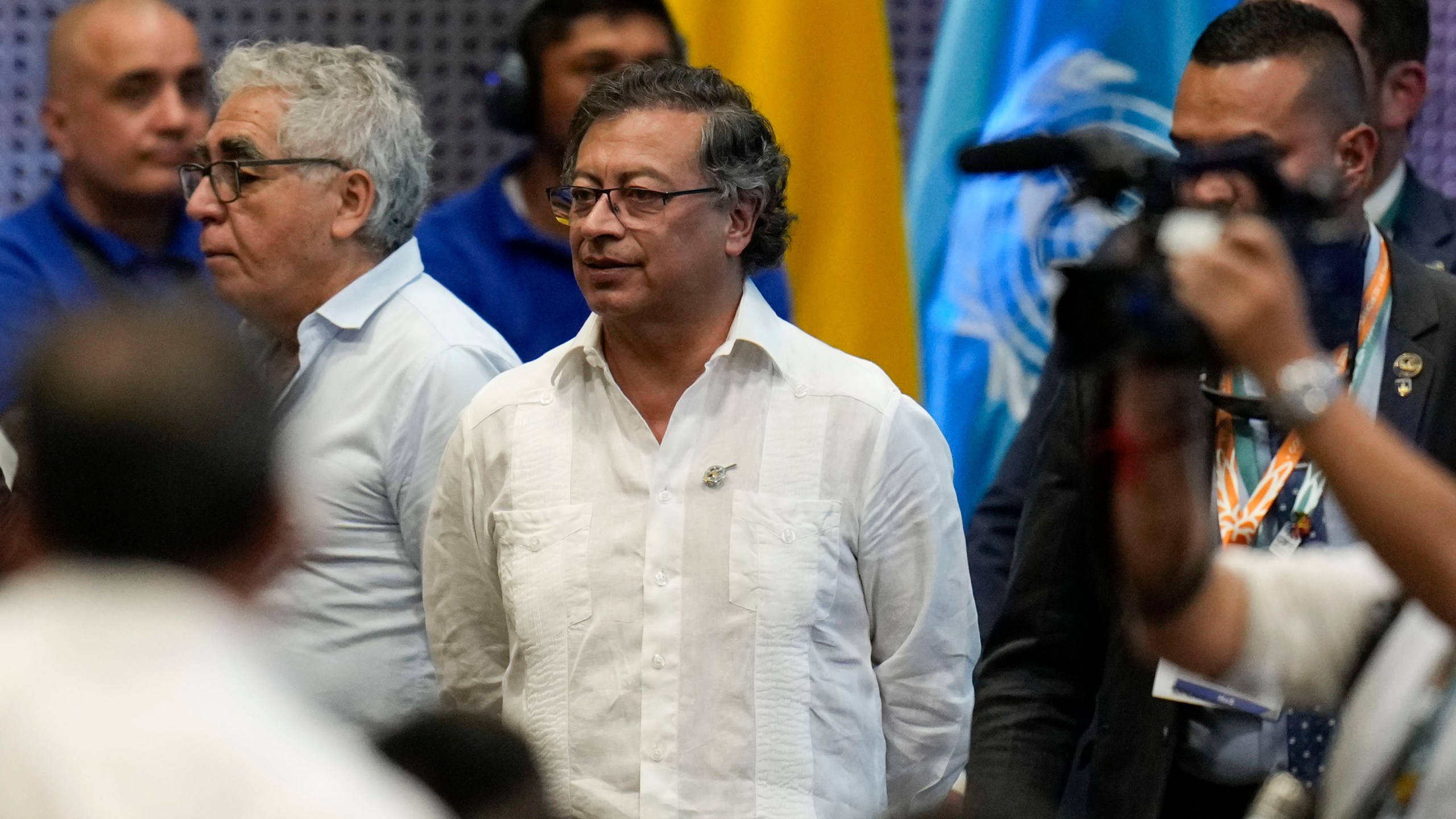 FILE - Colombia's President Gustavo Petro arrives at the opening ceremony of COP16, a United Nations' biodiversity conference, in Cali, Colombia, Oct. 20, 2024. (AP Photo/Fernando Vergara, file)
