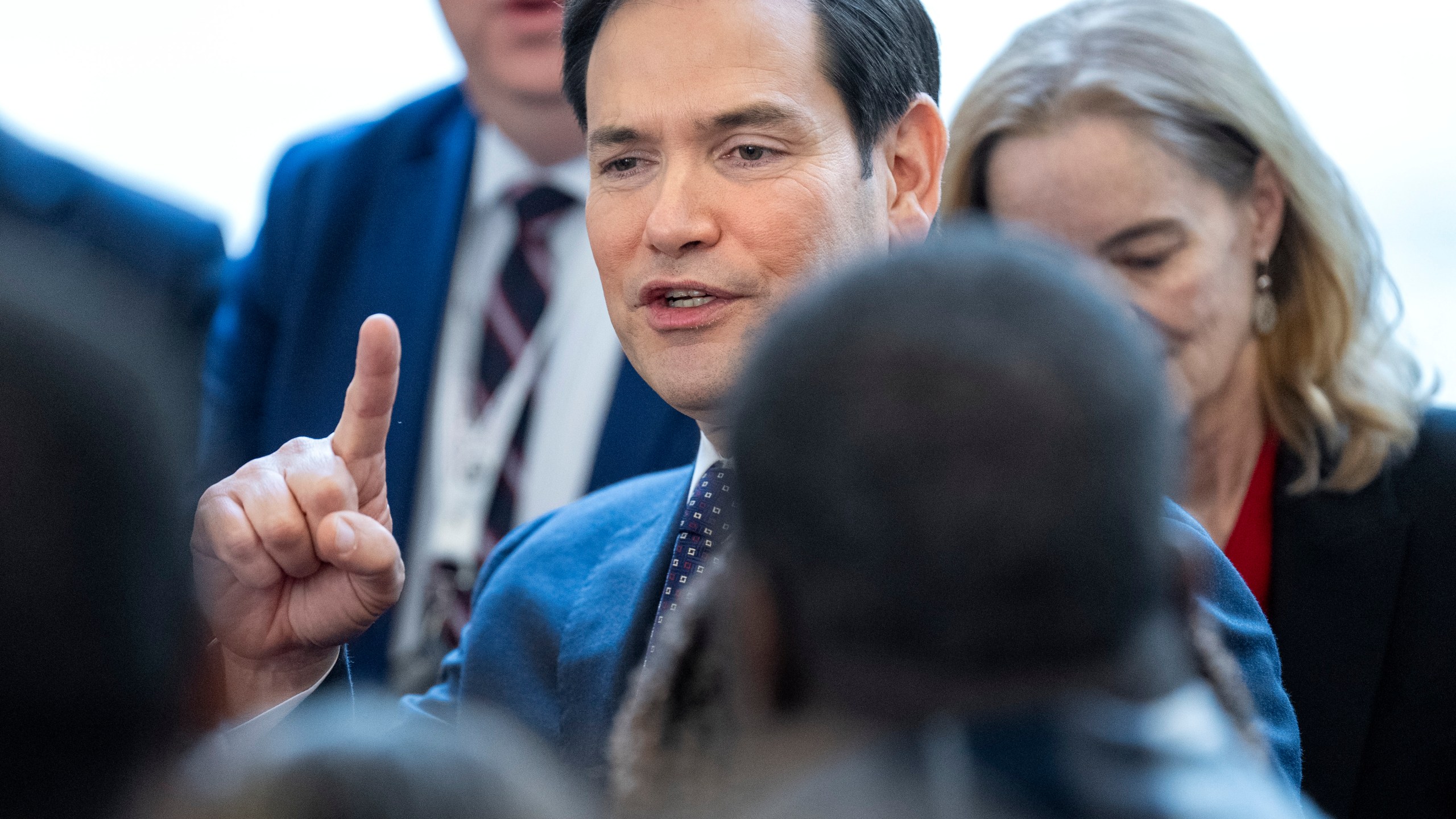 Secretary of State Marco Rubio greets State Department staff during a welcome event at the State Department, Tuesday, Jan. 21, 2025, in Washington. (AP Photo/Jacquelyn Martin)