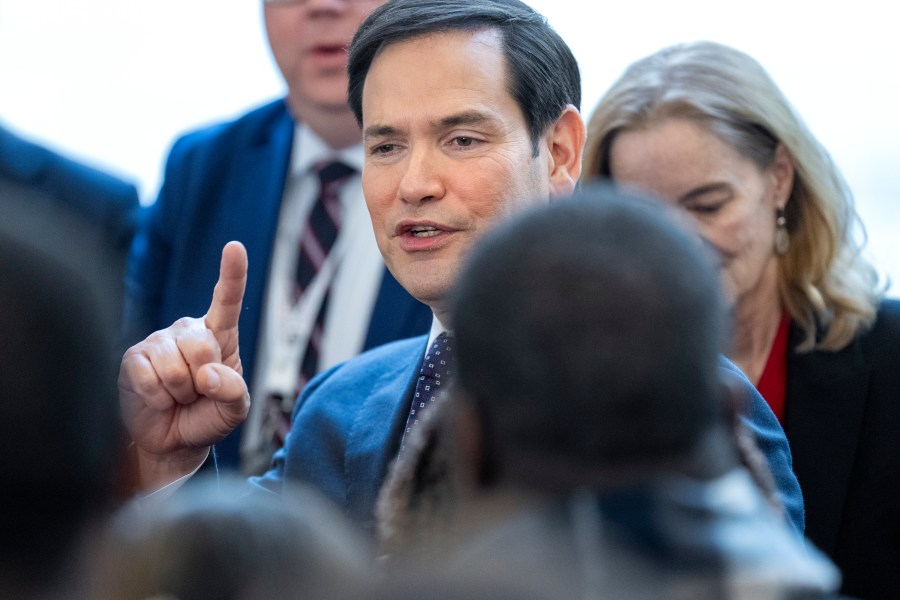 Secretary of State Marco Rubio greets State Department staff during a welcome event at the State Department, Tuesday, Jan. 21, 2025, in Washington. (AP Photo/Jacquelyn Martin)
