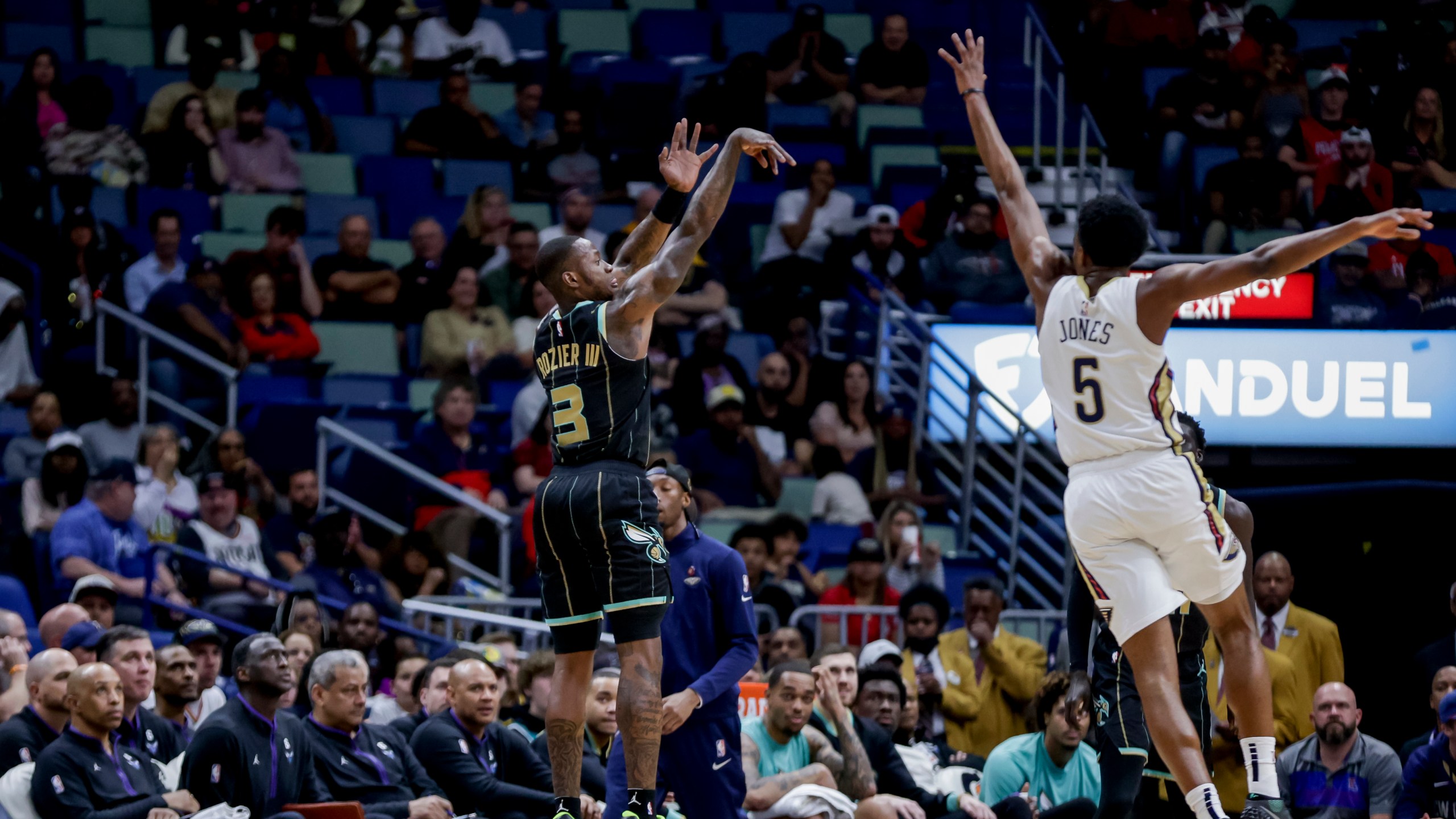 FILE - Charlotte Hornets guard Terry Rozier (3) shoots over New Orleans Pelicans forward Herbert Jones (5) during the first quarter of an NBA basketball game in New Orleans, Thursday, March 23, 2023. (AP Photo/Derick Hingle, File)