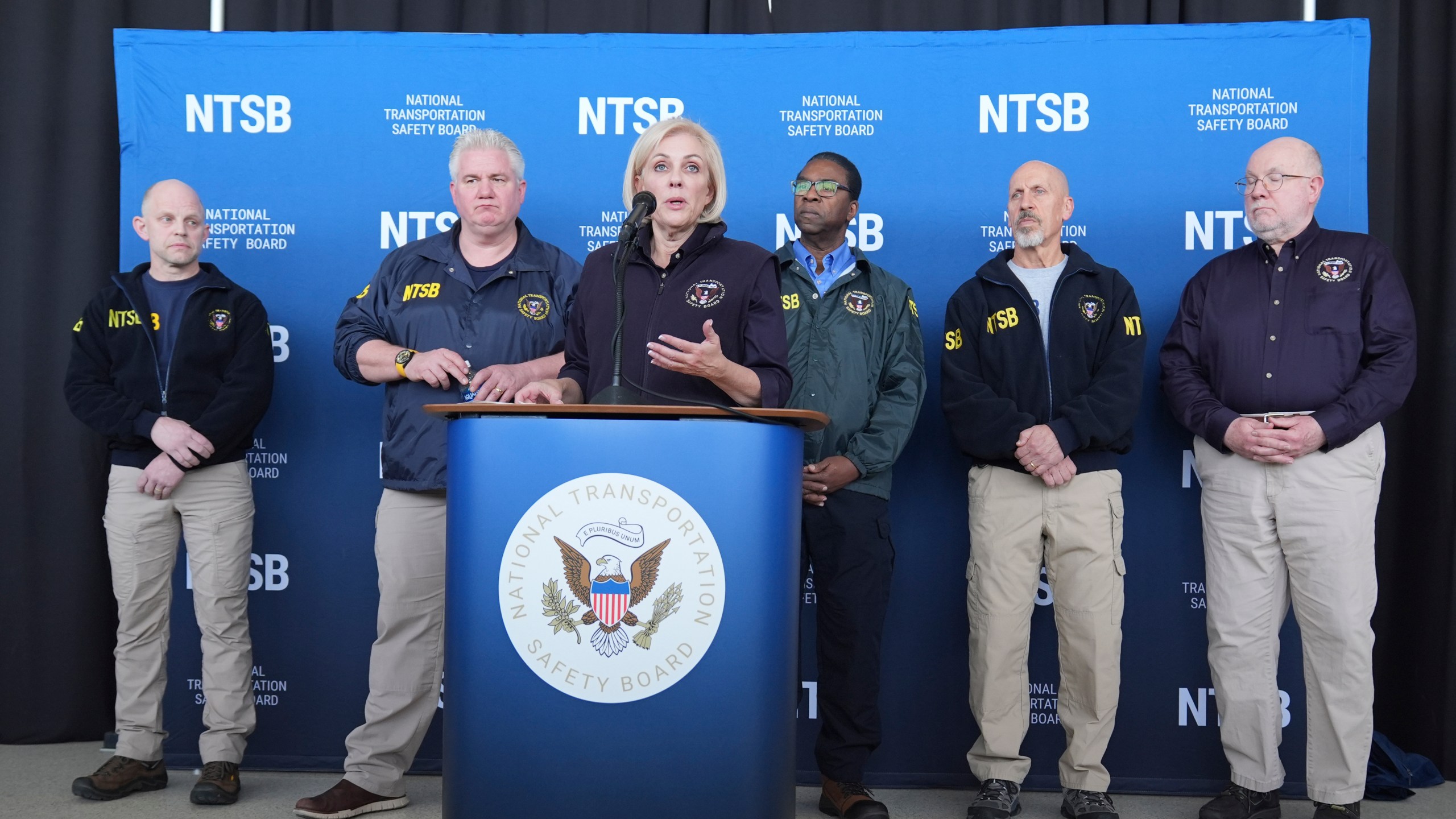 National Transportation Safety Board Chair Jennifer Homendy speaks during a press conference at Ronald Reagan Washington National Airport, Thursday, Jan. 30, 2025, in Arlington, Va., as board members look on. (AP Photo/Stephanie Scarbrough)