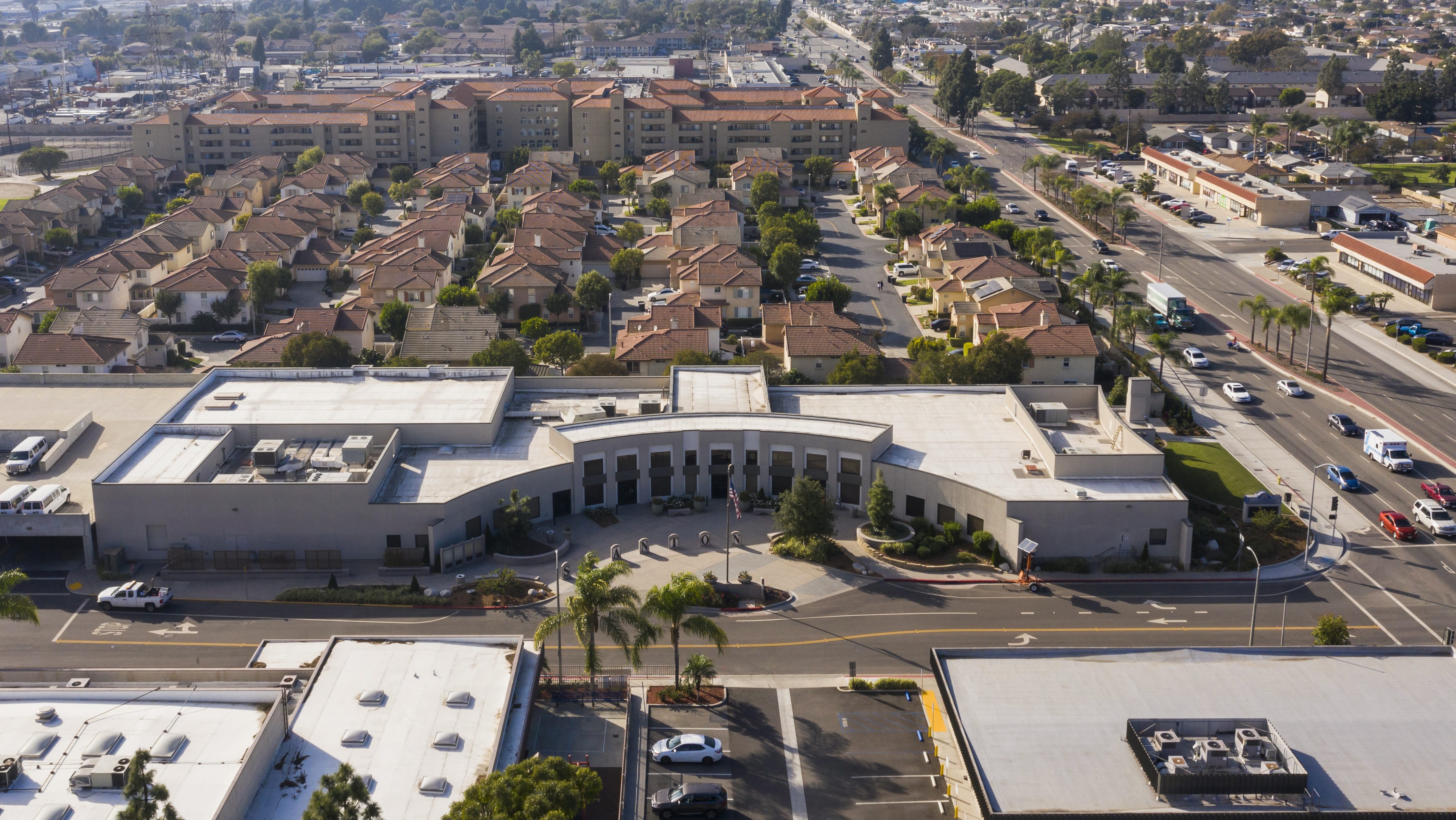This undated photo shows a daytime aerial view of the dense urban core of downtown Stanton, California. (Getty Images)