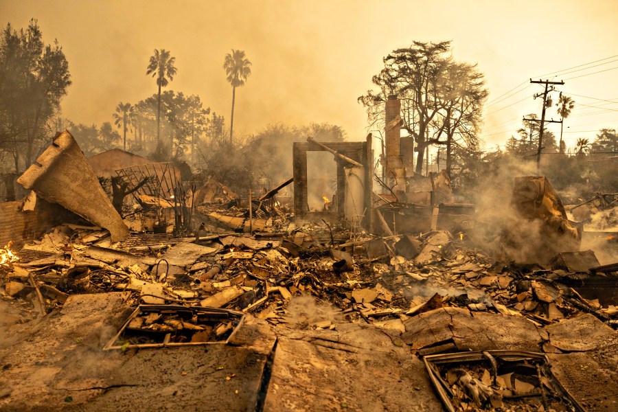 Altadena, CA - January 8: The remains of a home lost in the Eaton fire on Wednesday, Jan. 8, 2025 in Altadena, CA. (Jason Armond / Los Angeles Times via Getty Images)