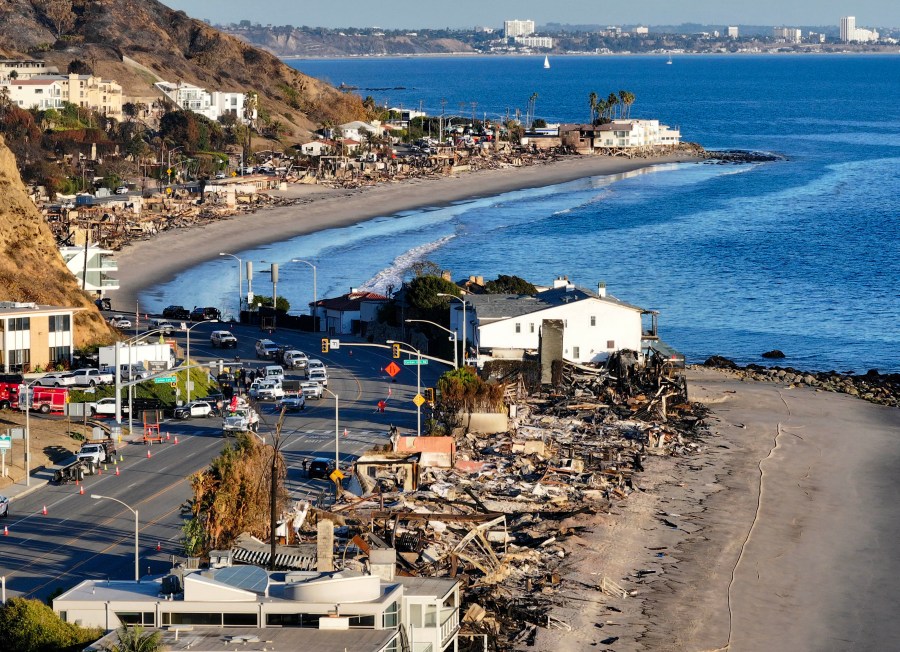 Malibu, CA - January 15: The remains of beachside homes that burned along Pacific Coast Highway during the Palisades Fire in Malibu, CA, on Wednesday, January 15, 2025. (Photo by Jeff Gritchen/MediaNews Group/Orange County Register via Getty Images)