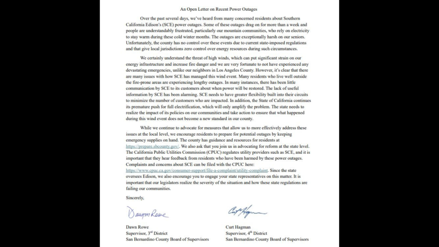 An open letter form the San Bernardino County Board of Supervisors to Southern California Edison about resident frustration over widspread power outages in mountain communities due to wildfire threats. (KTLA)