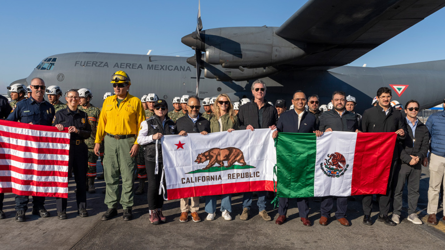 Gov. Gavin Newsom welcomed 72 firefighters and government officials from Mexico who landed in Los Angeles on Jan. 11, 2025 to help the state's ongoing wildfire efforts. (State of California)