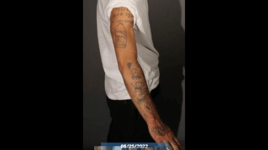 Distinct tattoos on Ronalee Barrett Stanberry's arm is seen in a booking photo from the Fontana Police Department.
