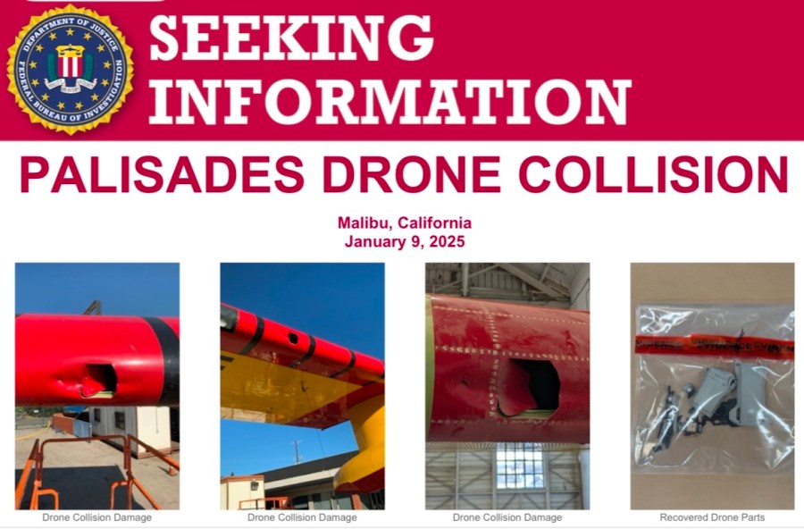 FBI images show the damage done to a Canadian Super Scooper plane that was hit by a drone while battling the Palisades Fire in Los Angeles on Jan. 9, 2025.