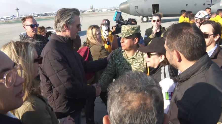 Gov. Gavin Newsom welcomed government officials and firefighting personnel from Mexico as they landed in Los Angeles on Jan. 11, 2025, to help battle the wildfires.