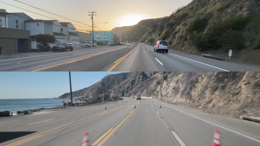 Side-by-side images show Pacific Coast Highway before and after deadly fires devastated the Los Angeles region. Captured on April 21, 2020, and January 23, 2025. (Andy Riesmeyer)