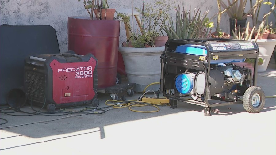 Generators that Edward Vuljak, a Jurupa Valley resident, is using to power his home after spending nearly two weeks without electricity. (KTLA)