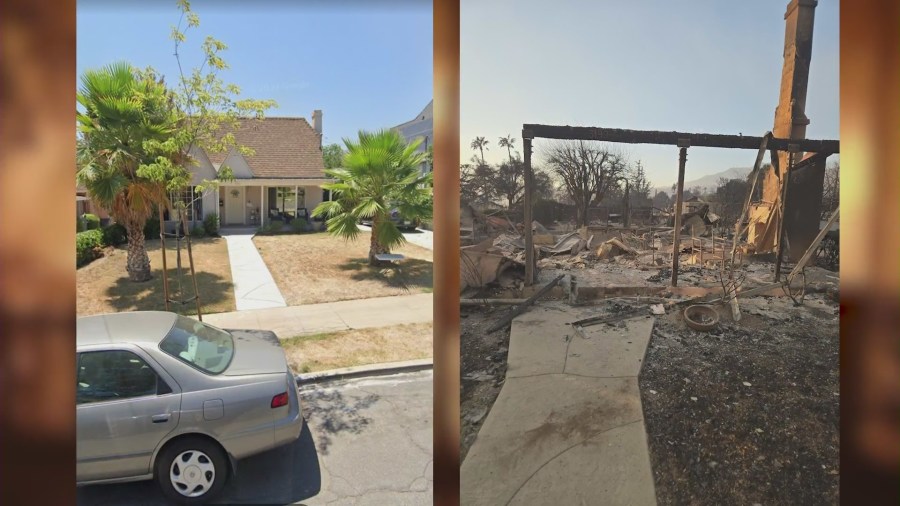 A before-and-after photo of one of the burned-down homes belonging to a member of the Williams family.