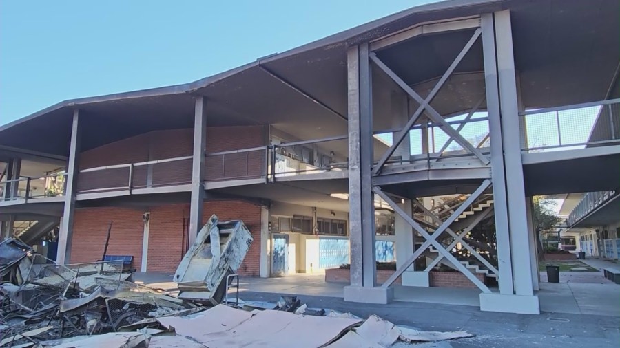 A large portion of Palisades Charter High School was destroyed by the Palisades Fire that ignited on Jan. 7, 2025. (KTLA)