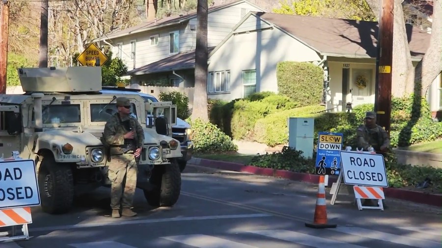 EveAnna Manley's Altadena neighborhood remains closed to traffic and protected by local authorities and the National Guard. (KTLA)