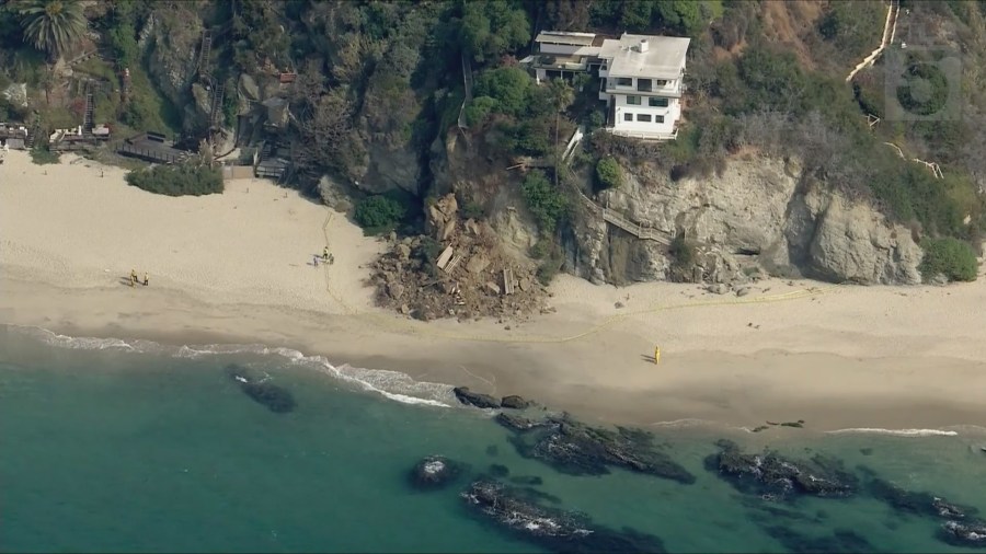 Video from Sky5 shows the dramatic landslide at Thousand Steps Beach in Laguna Beach where the popular spot's steps fell to the ground below on Jan. 31, 2025.