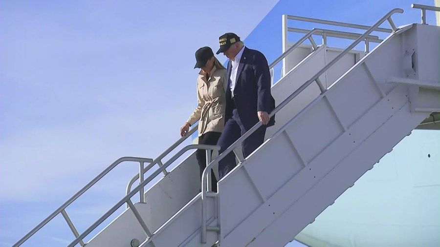 President Donald Trump and First Lady Melania Trump arrive at LAX prior to touring the damage left by the Palisades Fire on Jan. 24, 2025. (Pool)
