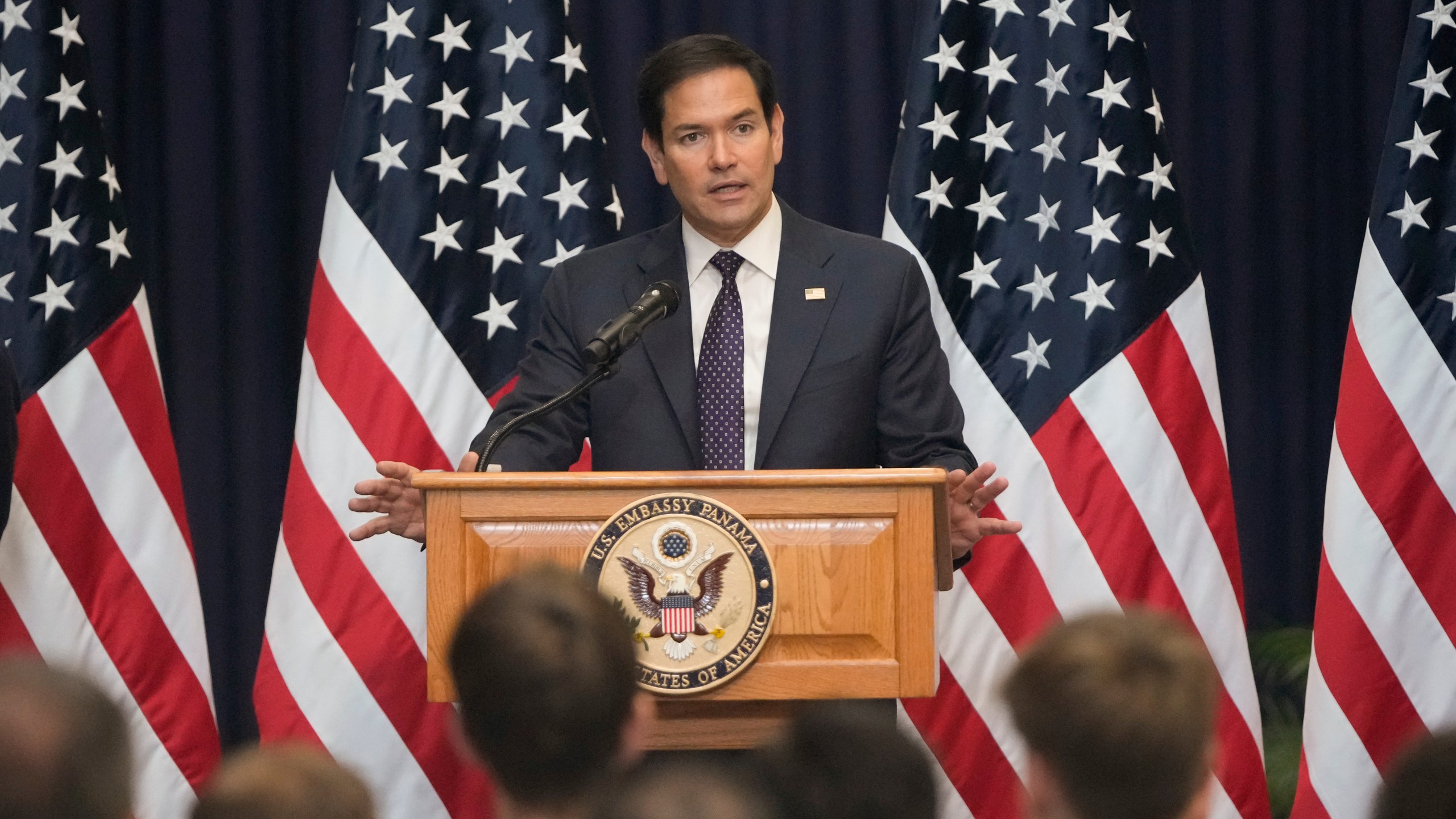 U.S. Secretary of State Marco Rubio addresses employees and families during a meet-and-greet at the United States Embassy in Panama City Panama City, Sunday, Feb. 2, 2025. (AP Photo/Mark Schiefelbein, Pool)