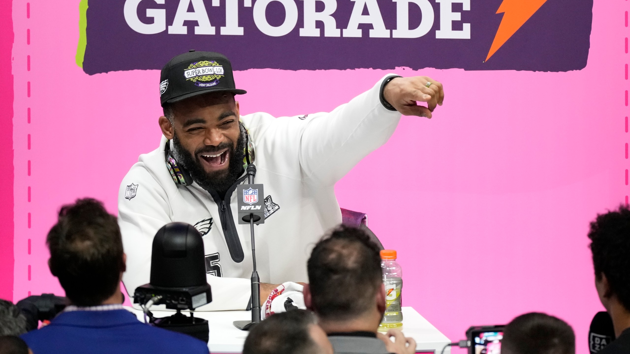 Philadelphia Eagles defensive end Brandon Graham participates during Super Bowl 59 Opening Night, Monday, Feb. 3, 2025, in New Orleans, ahead of the NFL football game between the Philadelphia Eagles and the Kansas City Chiefs Sunday. (AP Photo/Godofredo A. Vásquez)