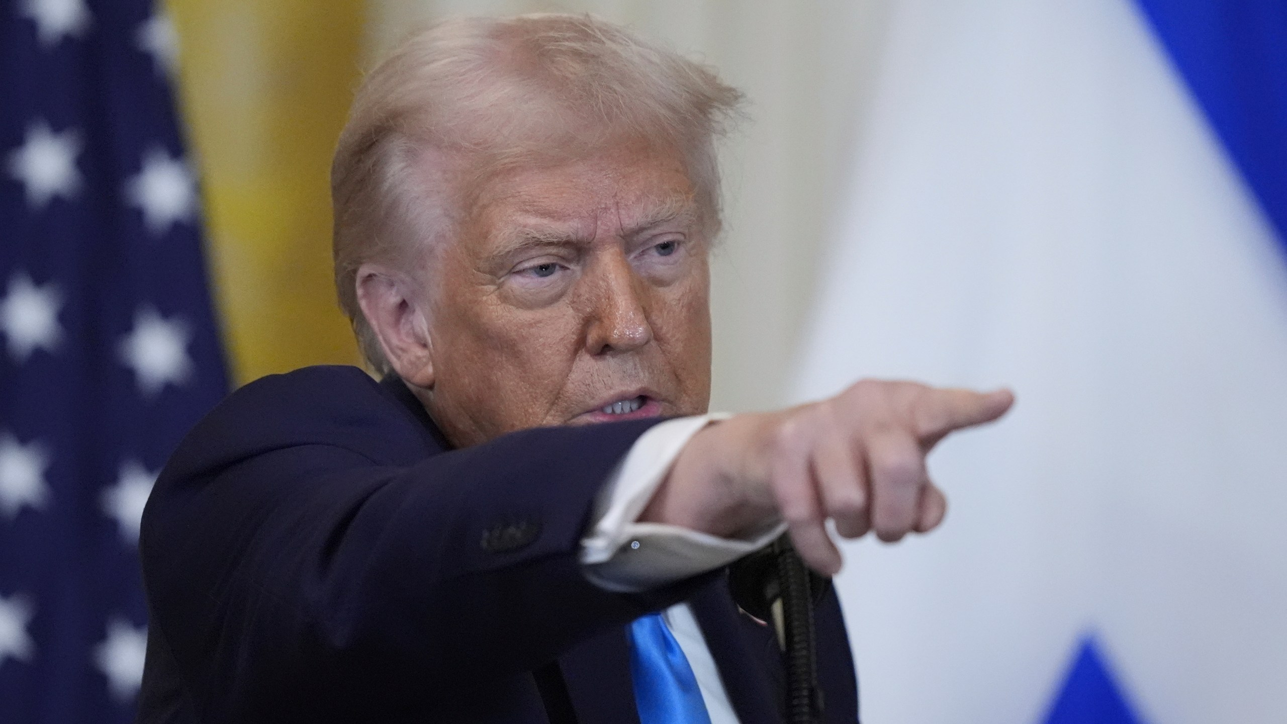President Donald Trump and Israeli Prime Minister Benjamin Netanyahu take questions during a news conference in the East Room of the White House, Tuesday, Feb. 4, 2025, in Washington. (AP Photo/Alex Brandon)