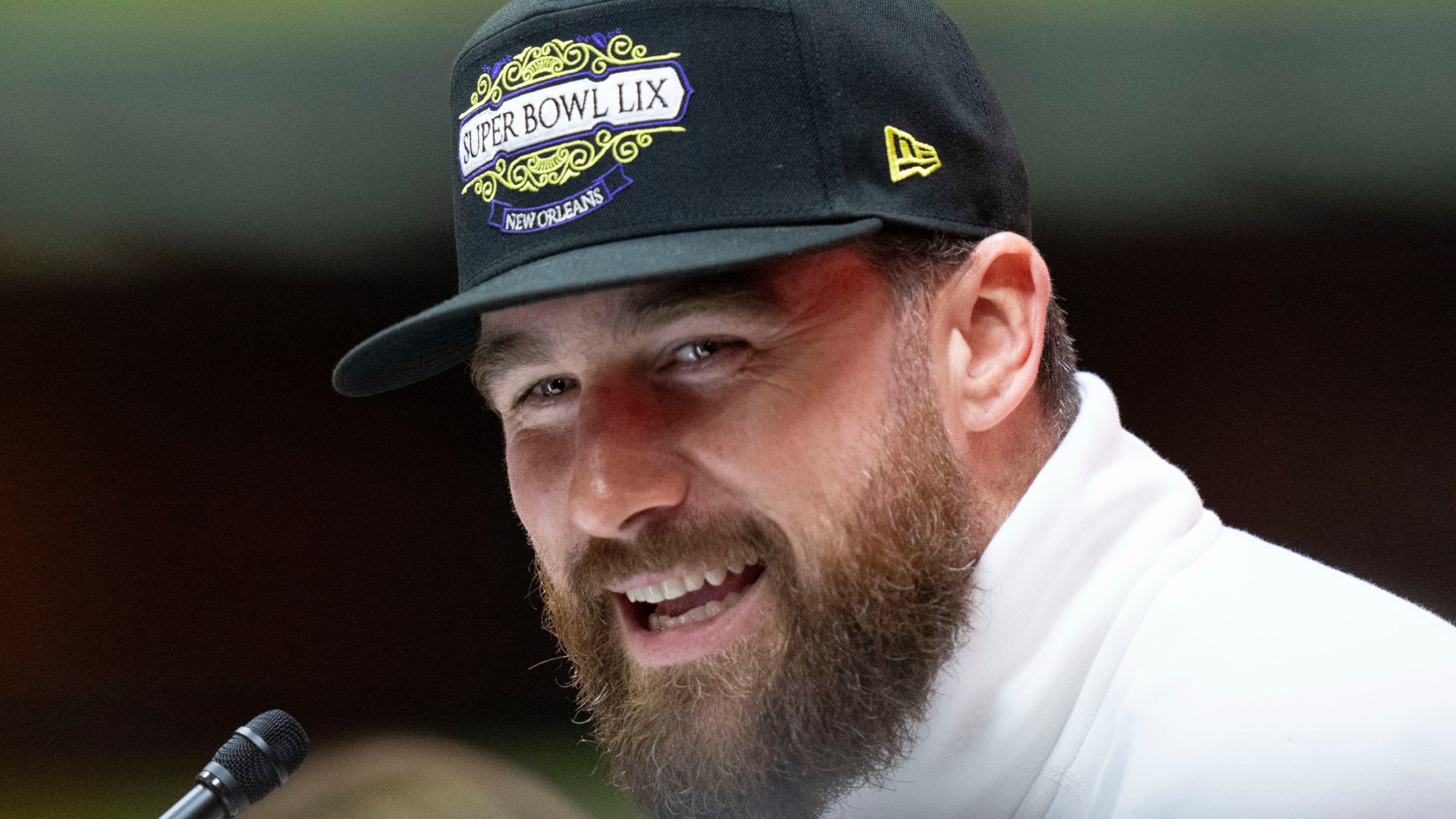 FILE - Kansas City Chiefs tight end Travis Kelce (87) participates during Super Bowl 59 Opening Night, Monday, Feb. 3, 2025, in New Orleans, ahead of the NFL football game between the Philadelphia Eagles and the Kansas City Chiefs Sunday.(AP Photo/AJ Mast, File)