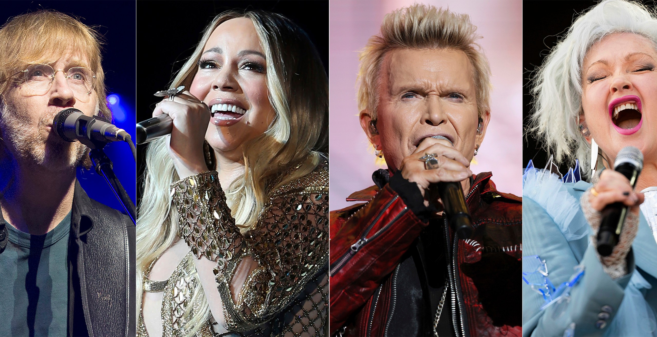 This combination of photos show Trey Anastasio, from left, Mariah Carey, Billy Idol and Cyndi Lauper. (AP Photo)