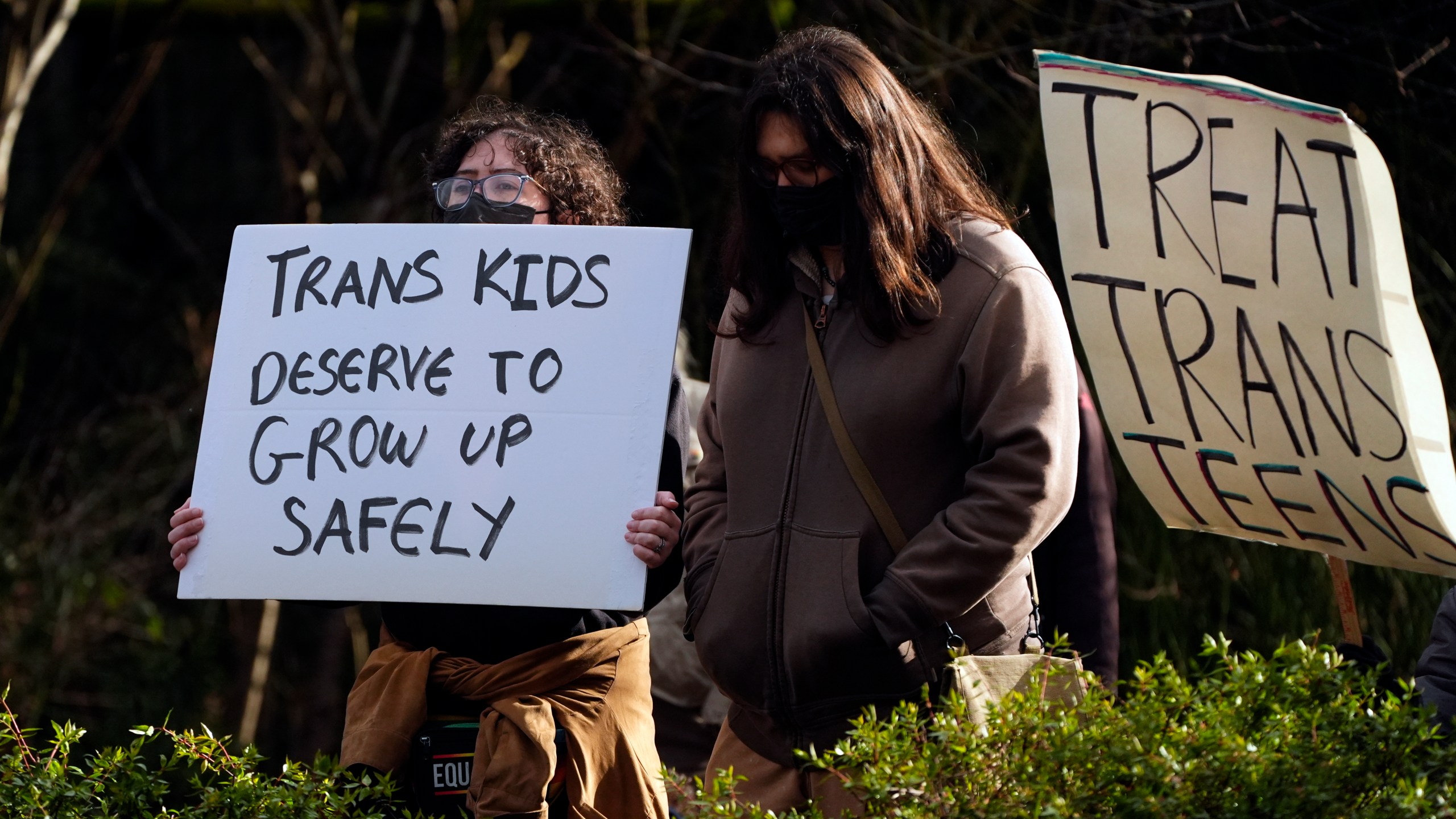 FILE - People wave signs to passing cars during a pro-transgender rights protest outside of Seattle Children's Hospital after the institution postponed some gender-affirming surgeries for minors following an executive order by President Donald Trump, Sunday, Feb. 9, 2025, in Seattle. (AP Photo/Lindsey Wasson, File)