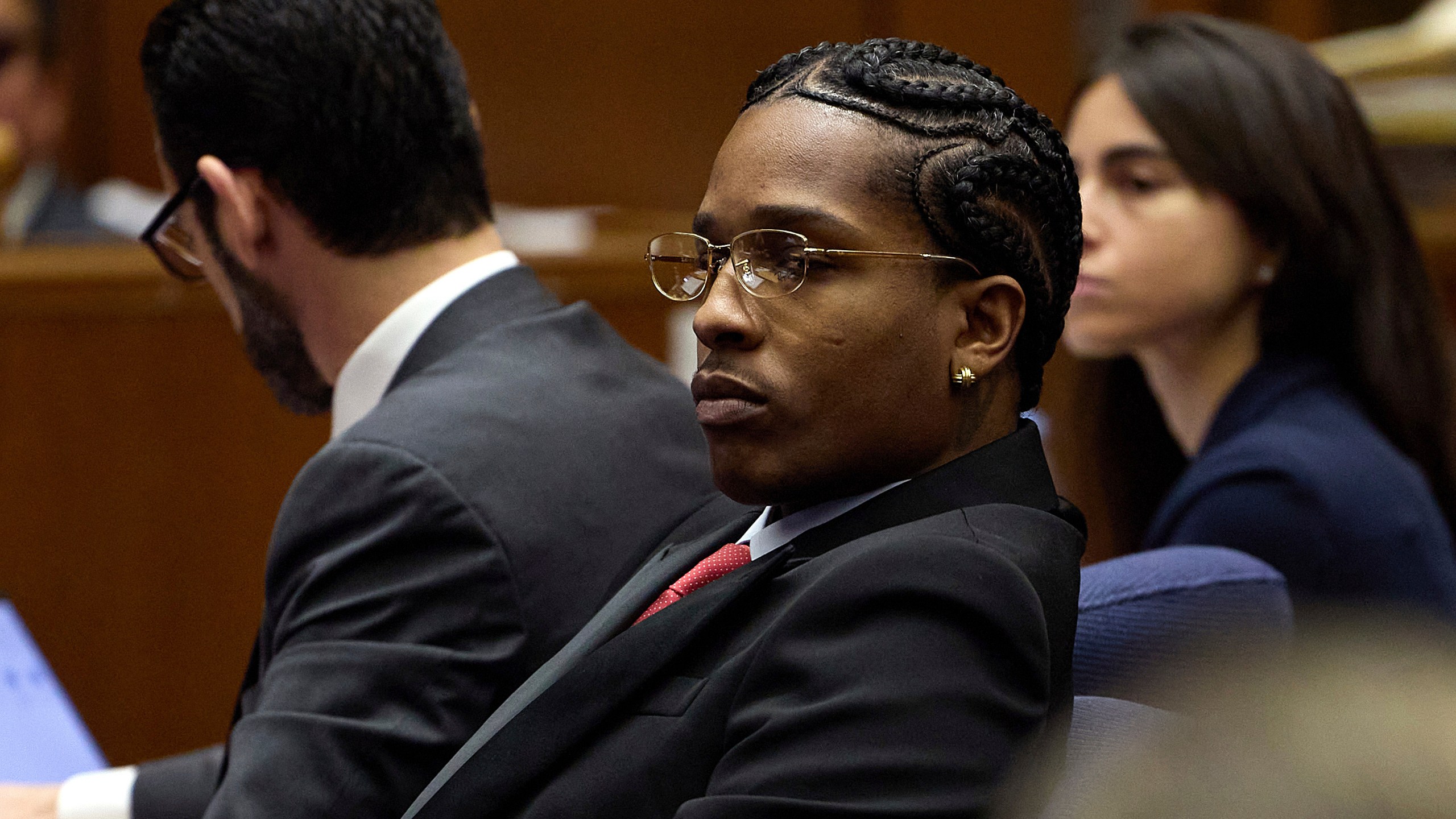 A$AP Rocky listens to closing arguments during his trial Thursday, Feb. 13, 2025, in Los Angeles. (Allison Dinner/Pool Photo via AP)