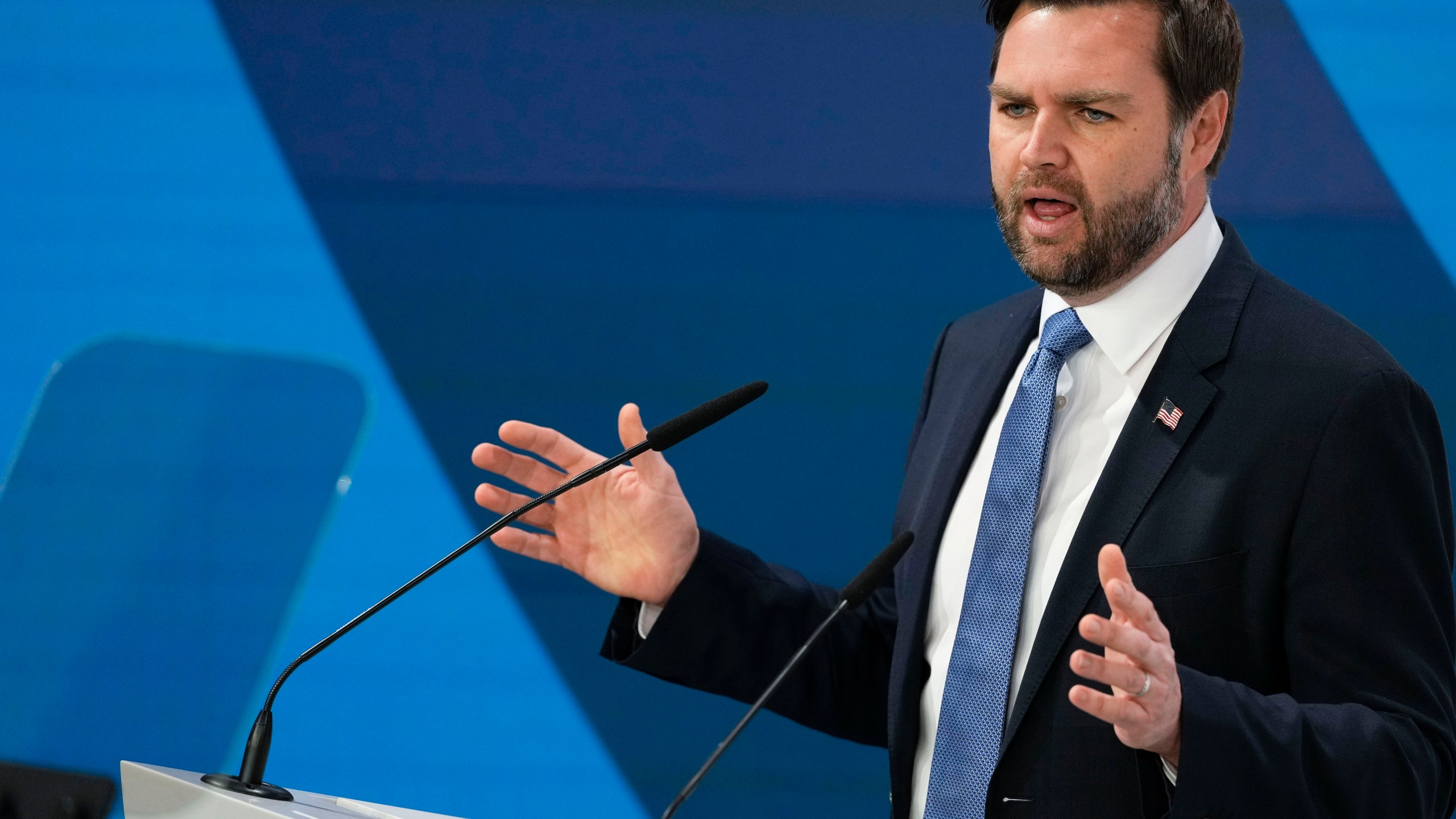 United States Vice-President JD Vance addresses the audience during the Munich Security Conference at the Bayerischer Hof Hotel in Munich, Germany, Friday, Feb. 14, 2025. (AP Photo/Matthias Schrader)