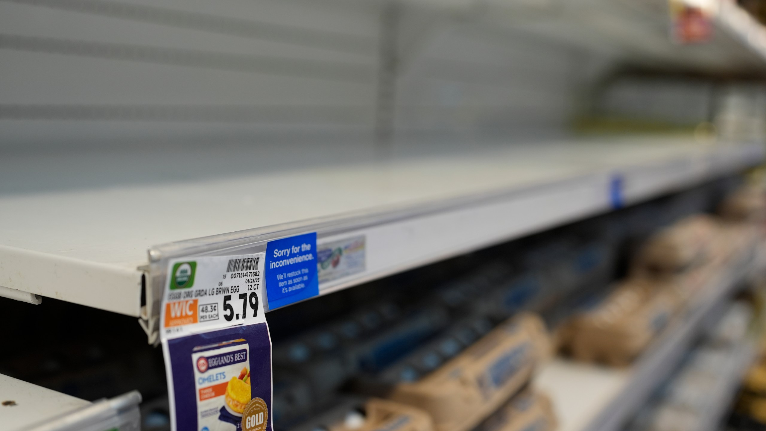FILE - The price is displayed on the edge of an empty shelf used to display eggs at a grocery store, Feb. 12, 2025, in Nashville, Tenn. (AP Photo/George Walker IV, file)