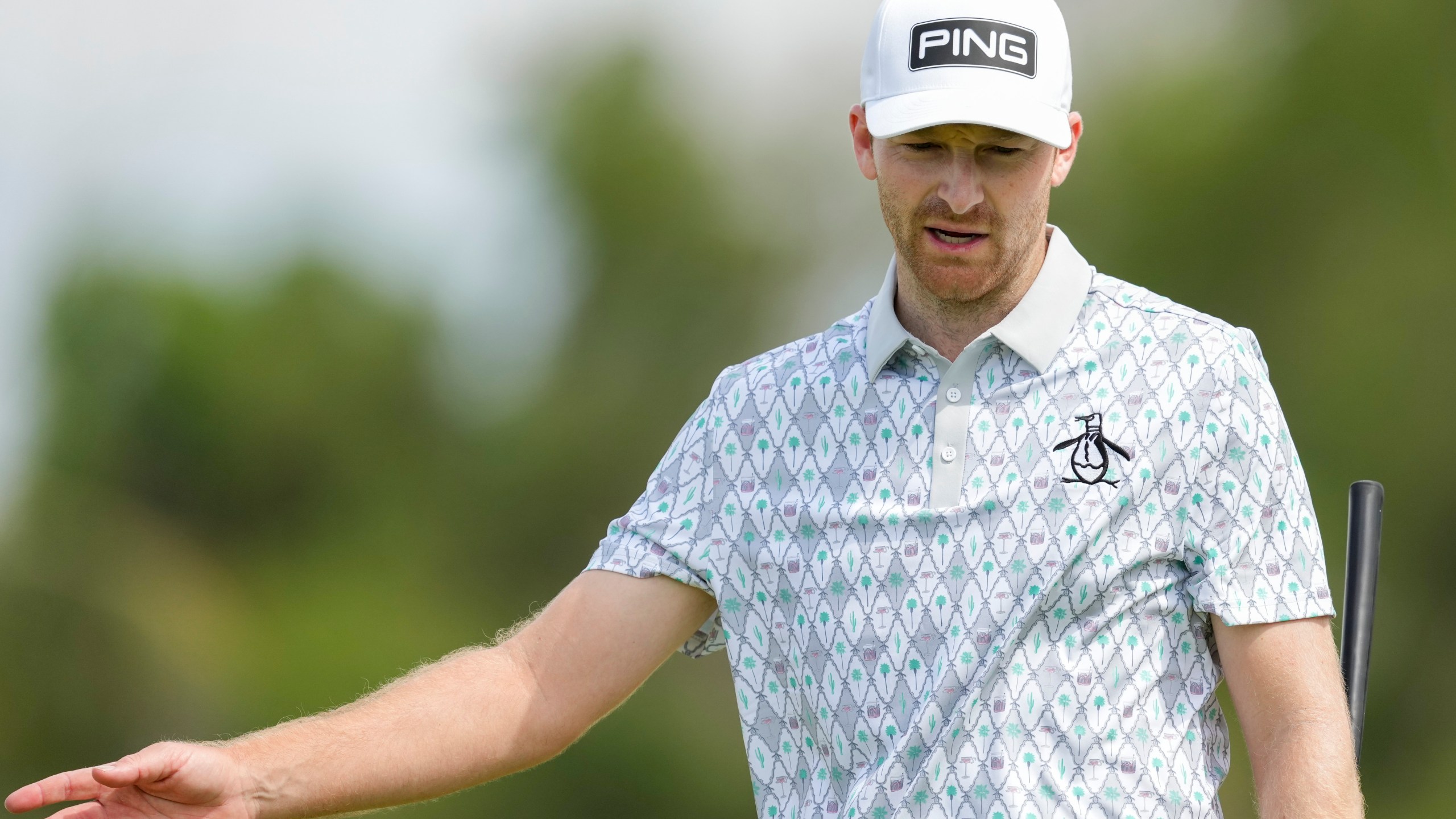 Brian Campbell, of the United States, to missing a putt on the green of the 10th hole during the third round of the Mexico Open golf tournament in Puerto Vallarta, Mexico, Saturday, Feb. 22, 2025. (AP Photo/Fernando Llano)