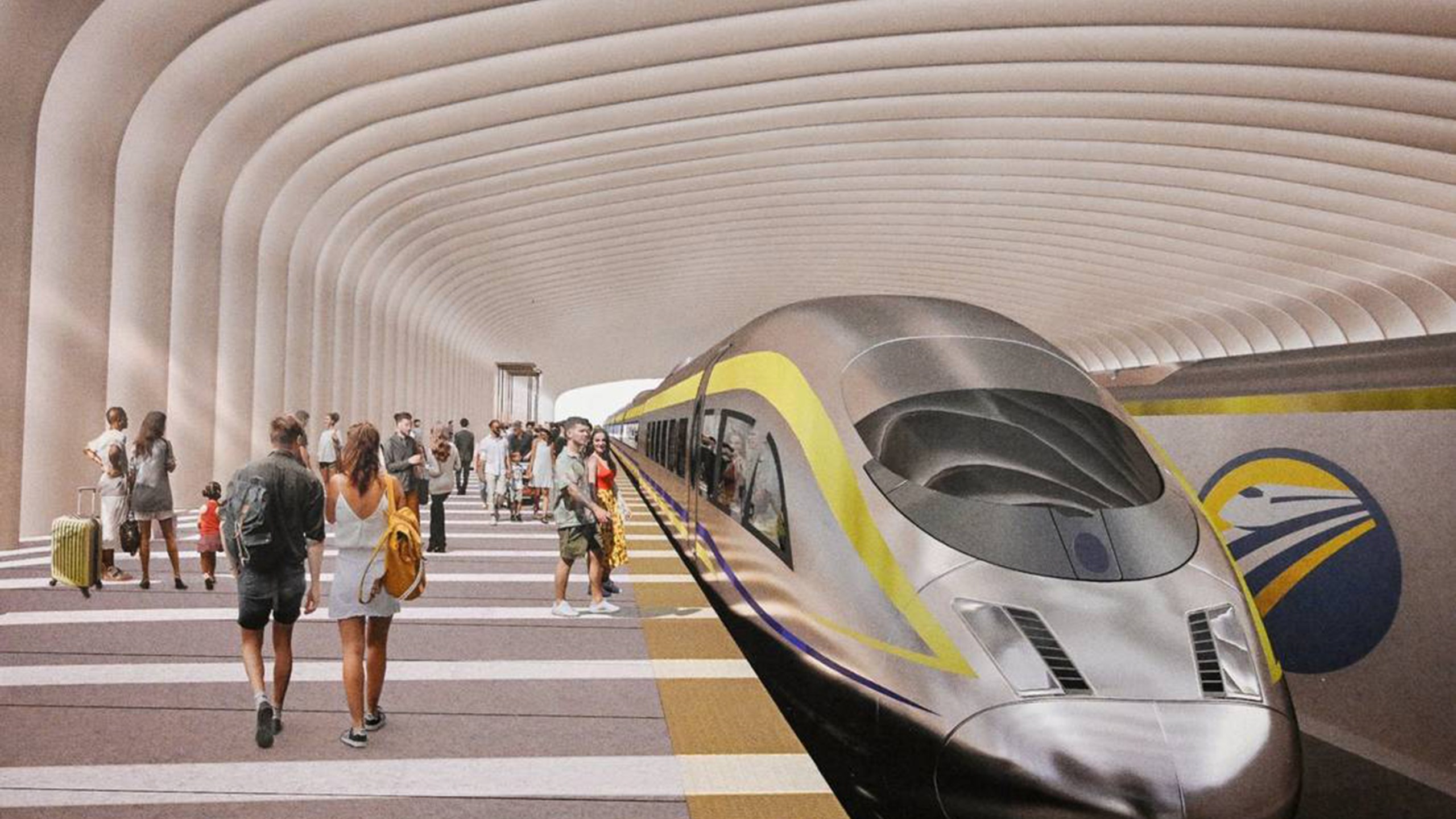 A rendering shows a high-speed rail train as it enters the proposed Fresno station. (Getty Images)