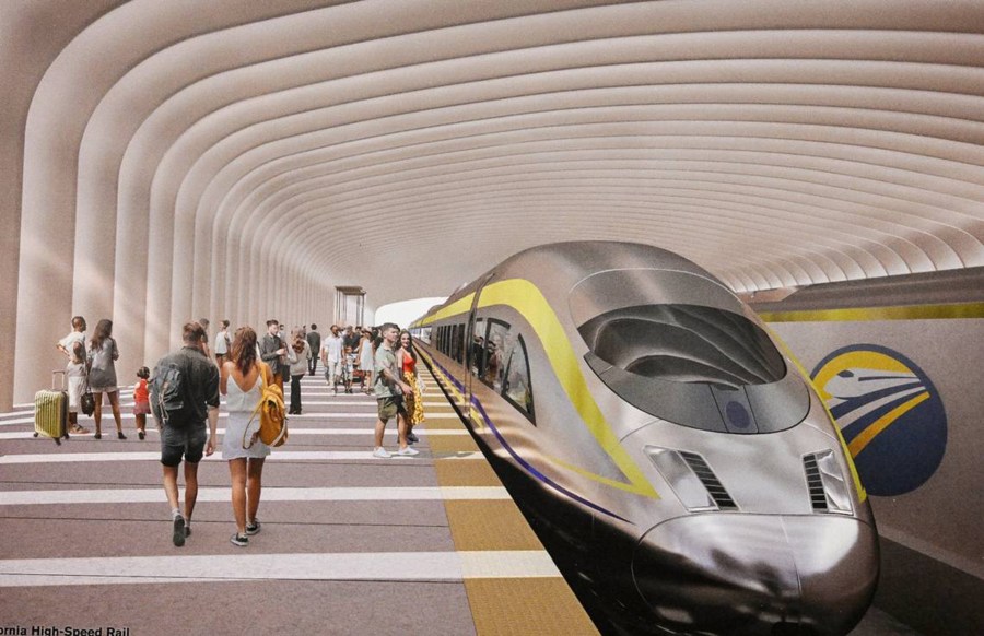 A rendering shows a high-speed rail train as it enters the proposed Fresno station. (Getty Images)