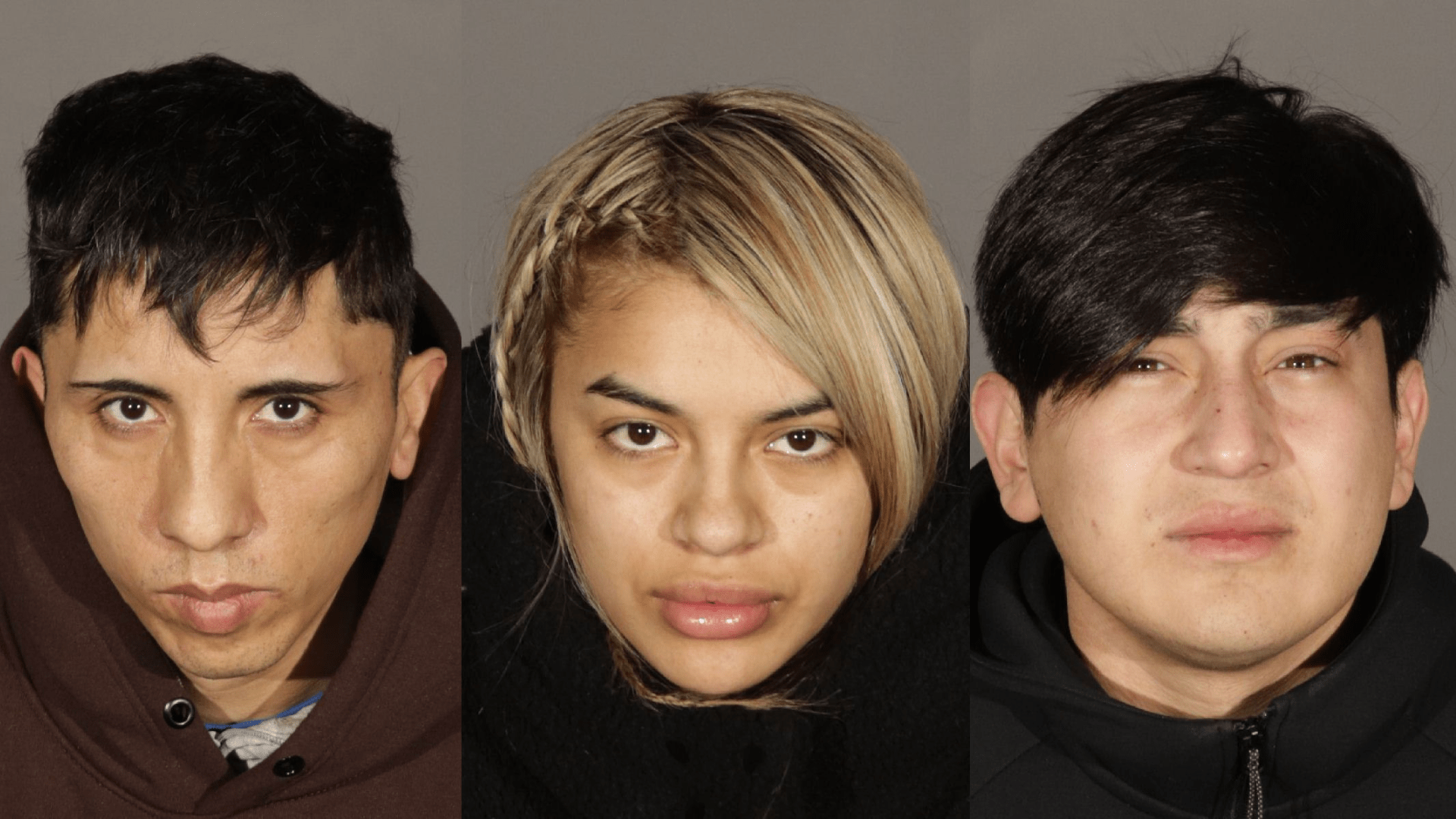 From left: Luis Gomez Gomez, 25; Mia Sanchez Martinez, 25; and Jose Basaure Aviles, 20 are seen in booking photos from the Glendale Police Department.