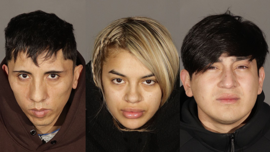 From left: Luis Gomez Gomez, 25; Mia Sanchez Martinez, 25; and Jose Basaure Aviles, 20 are seen in booking photos from the Glendale Police Department.