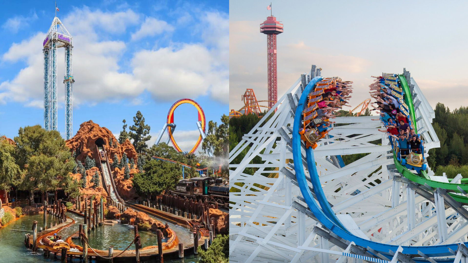 From left: Knott's Berry Farm in Buena Park, California. (Knott's Berry Farm) / Twisted Colossus at Six Flags Magic Mountain in Valencia, California. (AP)