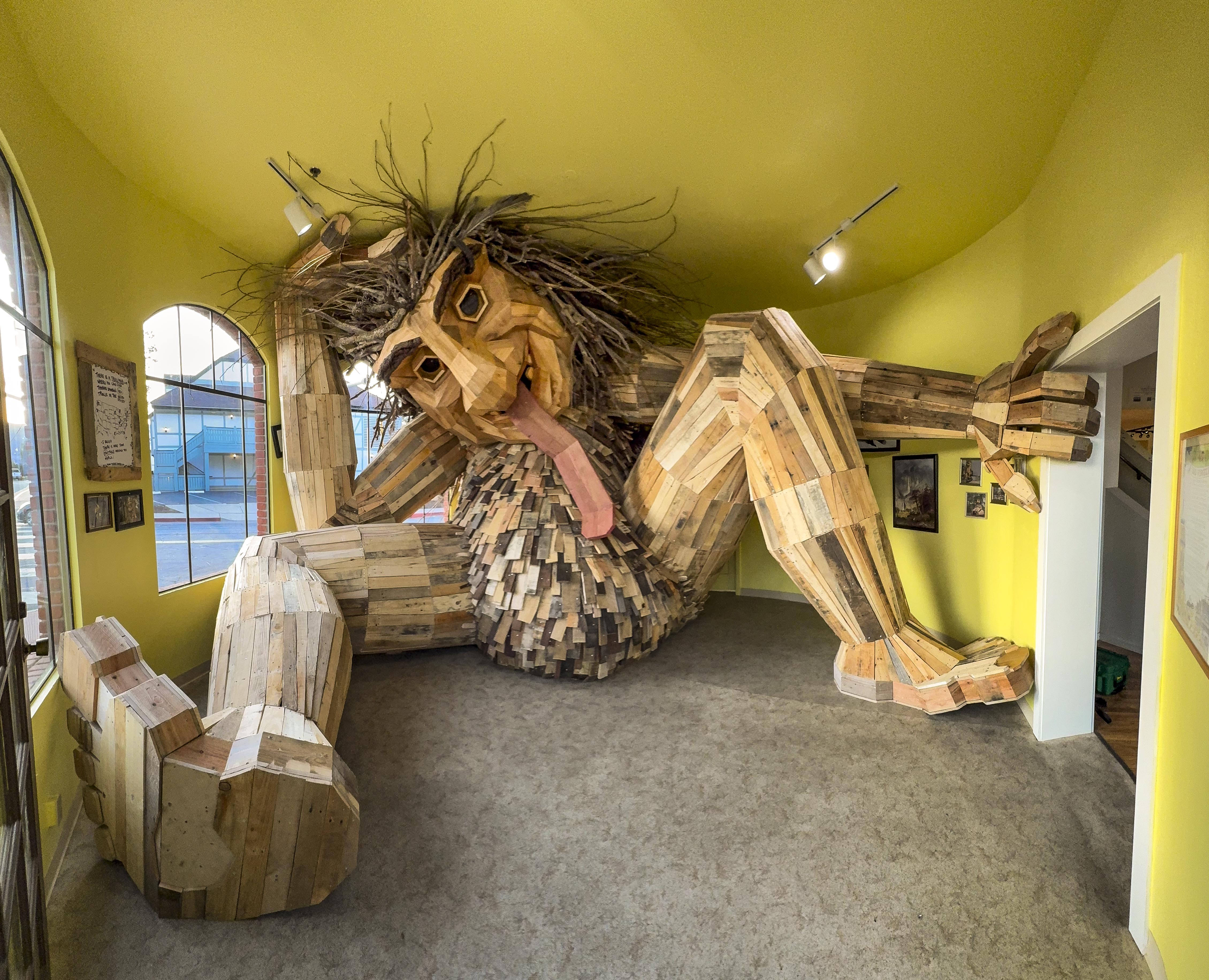 Thomas Dambo's newest troll sculpture debuted at the California Nature Museum in Solvang on Feb. 2, 2025. (George Rose)