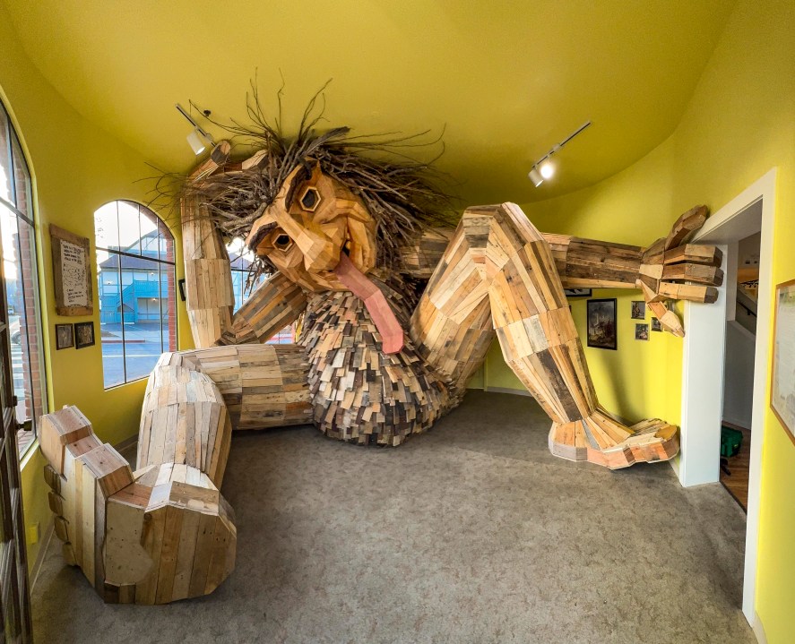 Thomas Dambo's newest troll sculpture debuted at the California Nature Museum in Solvang on Feb. 2, 2025. (George Rose)