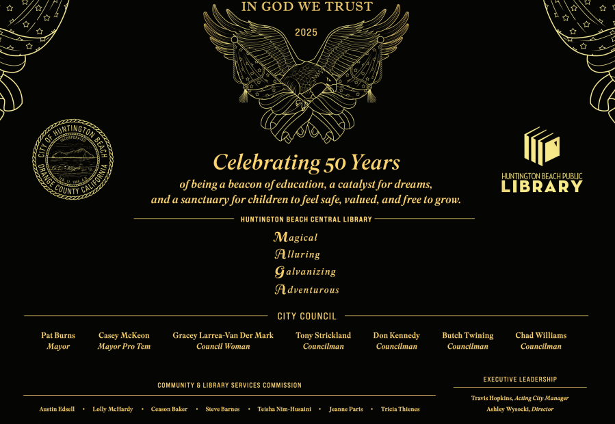 Huntington Beach is set to vote on a plaque that features the acronym MAGA to celebrate the public library's 50th anniversary. (City of Huntington Beach)