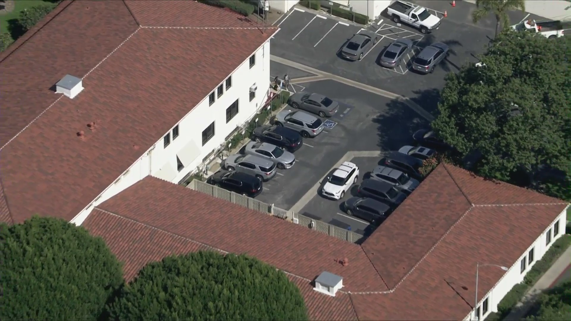 Huntington Park City Hall is shown on Feb. 26, 2025 from Sky5. Law enforcement officials served warrants at City Hall and the homes of several city leaders in connection with an alleged correction probe. (KTLA)