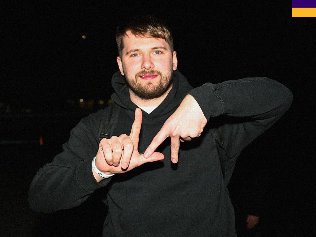 Los Angeles Lakers star Luka Doncic throws up the "LA" sign with his fingers shortly after it was announced he had been traded from the Dallas Mavericks in exchange for Anthony Davis on Feb. 2, 2025. (Los Angeles Lakers)