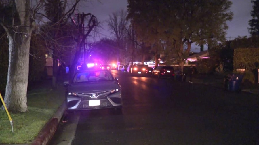 A homicide investigation is underway after a 54-year-old woman was shot and killed in an Encino neighborhood on Feb. 5, 2025. (KTLA)