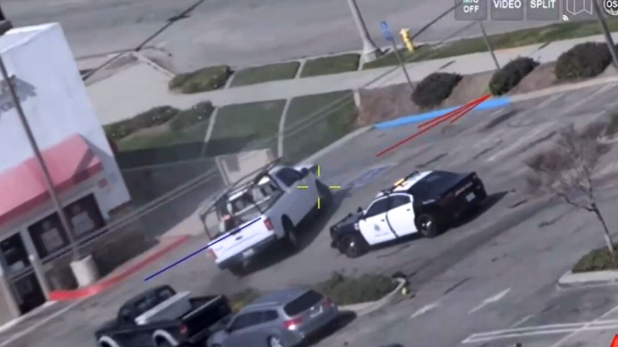 Aerial footage captured a pursuit suspect crashing into several vehicles before being captured by police following a foot chase in Upland on Feb. 23, 2025. (Upland Police Department)