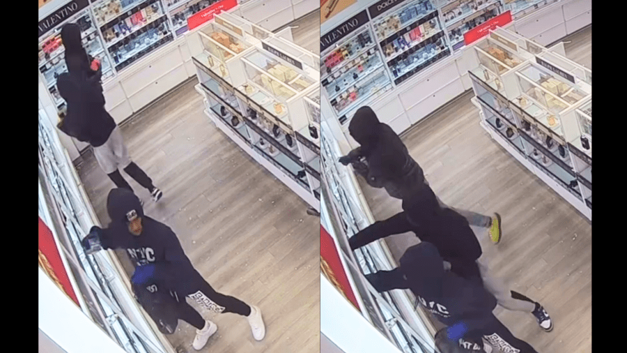 Surveillance video captured three suspects ransacking an Ulta Beauty store while grabbing merchandise off shelves and using crowbars to smash glass displays on Feb. 10, 2025. (Rialto Police Department)