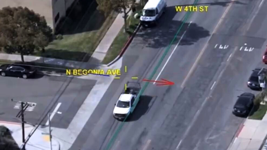 Aerial footage captured a pursuit suspect crashing into several vehicles before being captured by police following a foot chase in Upland on Feb. 23, 2025. (Upland Police Department)