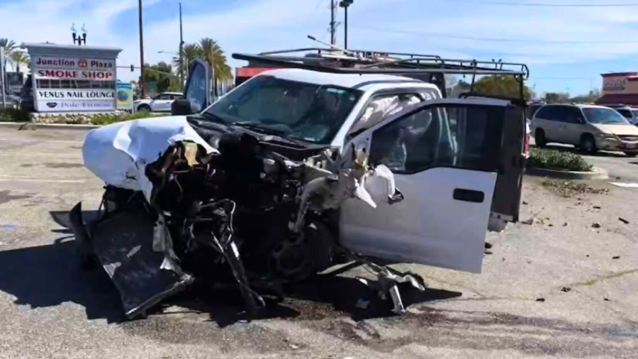 The suspect's stolen Ford F-150 truck was damaged after he crashed into several vehicles during a dangerous pursuit in Upland on Feb. 23, 2025. (Upland Police Department)