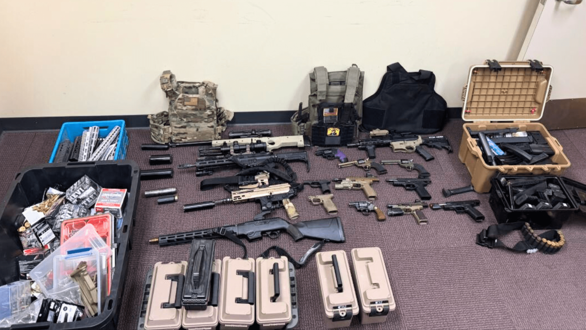 While searching the suspect's home, deputies discovered numerous firearms including assault weapons with modified accessories, high-capacity magazines, hundreds of rounds of ammunition, body armor, narcotics, and a stolen Harley Davidson motorcycle on Feb. 25, 2025. (Los Angeles County Sheriff's Department)