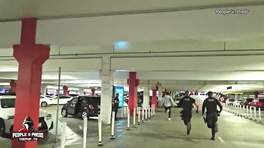 The suspect, Ryan Abdelrahim, 23, is seen running from police officers during a child predator sting operation at the Glendale Galleria on Feb. 19, 2025. (People vs. Preds)